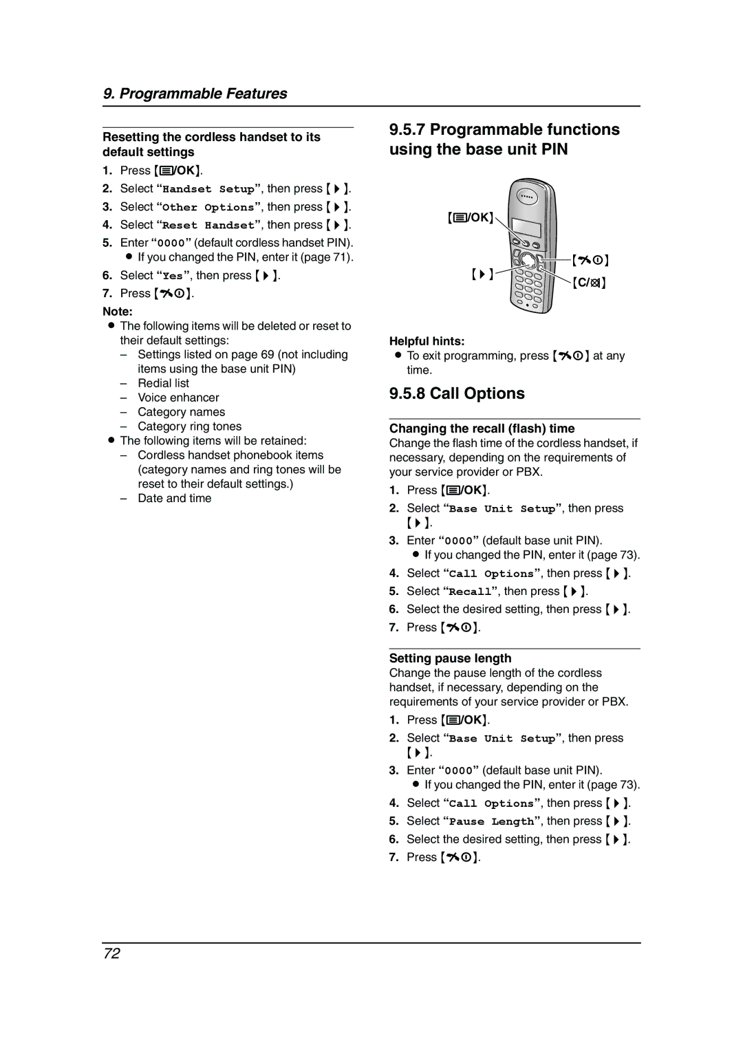 Panasonic KX-FC962HK Programmable functions using the base unit PIN, Changing the recall flash time, Setting pause length 