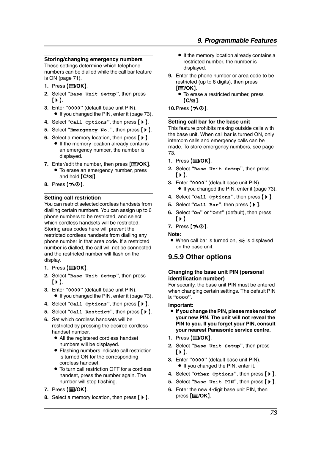 Panasonic KX-FC962HK Storing/changing emergency numbers, Setting call restriction, Setting call bar for the base unit 