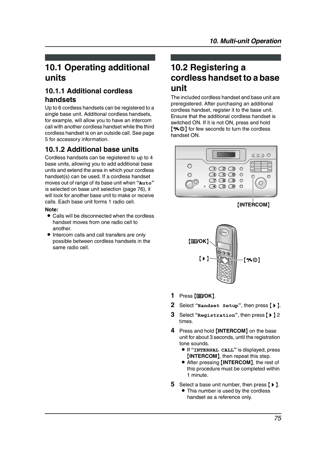 Panasonic KX-FC962HK Operating additional units, Registering a cordless handset to a base unit, Additional base units 