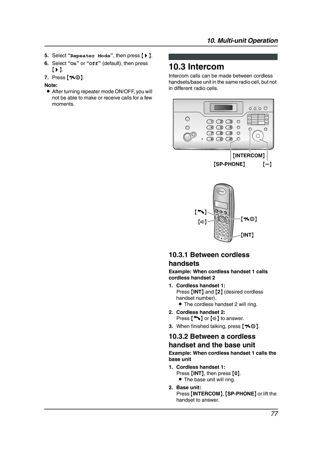 Panasonic KX-FC962HK manual Intercom, Between cordless handsets, Between a cordless handset and the base unit 