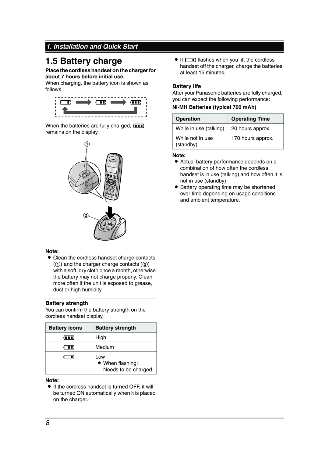 Panasonic KX-FC962HK manual Battery charge, Battery icons Battery strength, Battery life 