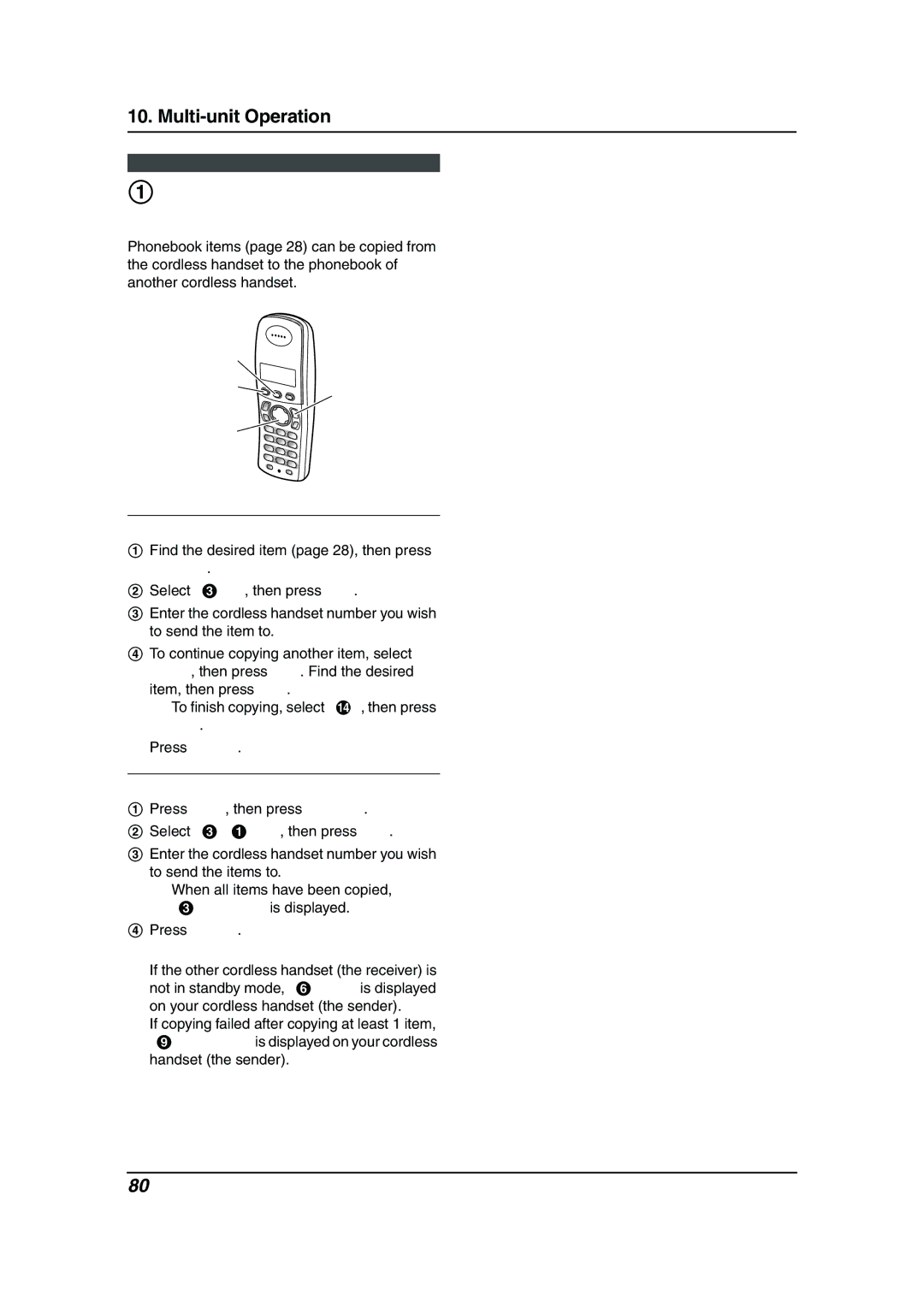 Panasonic KX-FC962HK manual Copying cordless handset phonebook items, Copying a stored item, Copying all stored items 