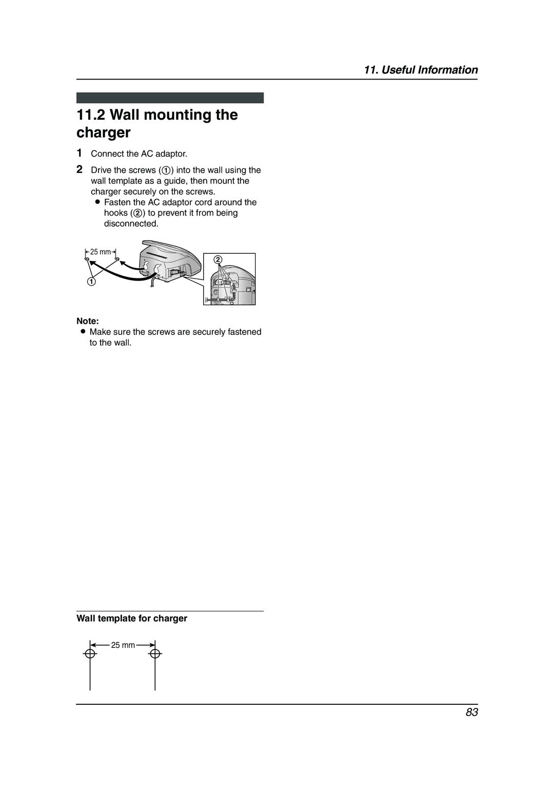 Panasonic KX-FC962HK manual Wall mounting the charger, Wall template for charger 