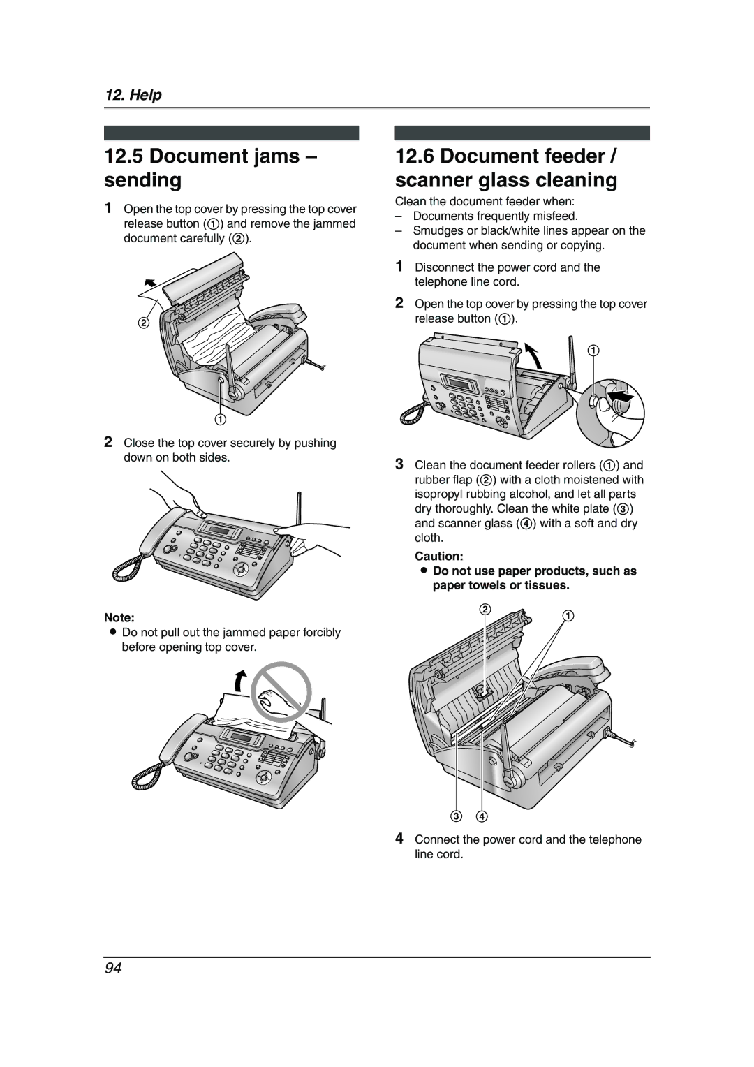 Panasonic KX-FC962HK manual Document jams sending, Document feeder / scanner glass cleaning 