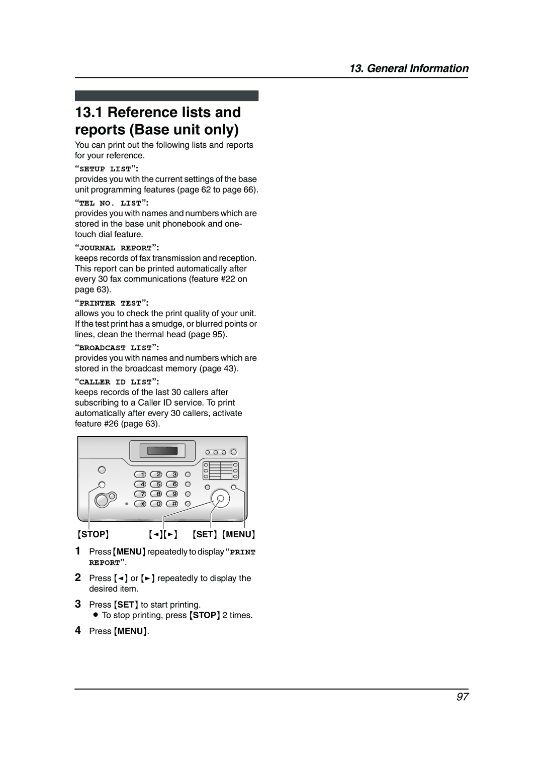 Panasonic KX-FC962HK manual Reference lists and reports Base unit only 