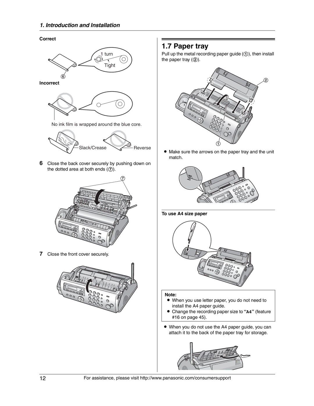 Panasonic KX-FG2451 manual Paper tray, Correct, Incorrect, To use A4 size paper 