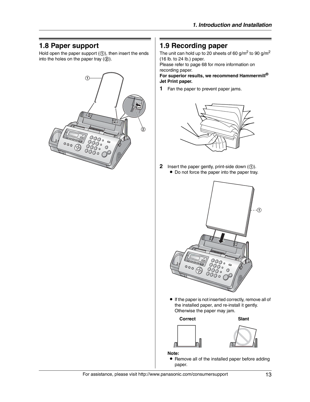 Panasonic KX-FG2451 manual Paper support, Recording paper, Correct Slant 