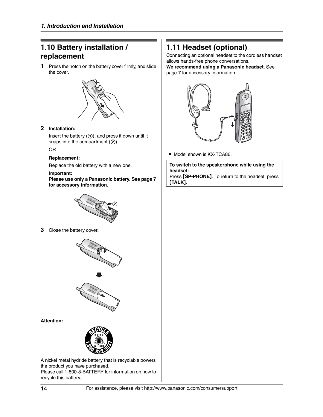 Panasonic KX-FG2451 manual Battery installation / replacement, Headset optional, Replacement 