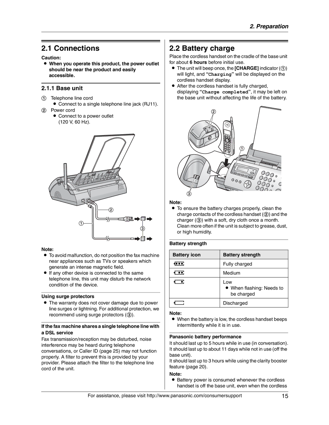 Panasonic KX-FG2451 manual Connections, Battery charge, Base unit 