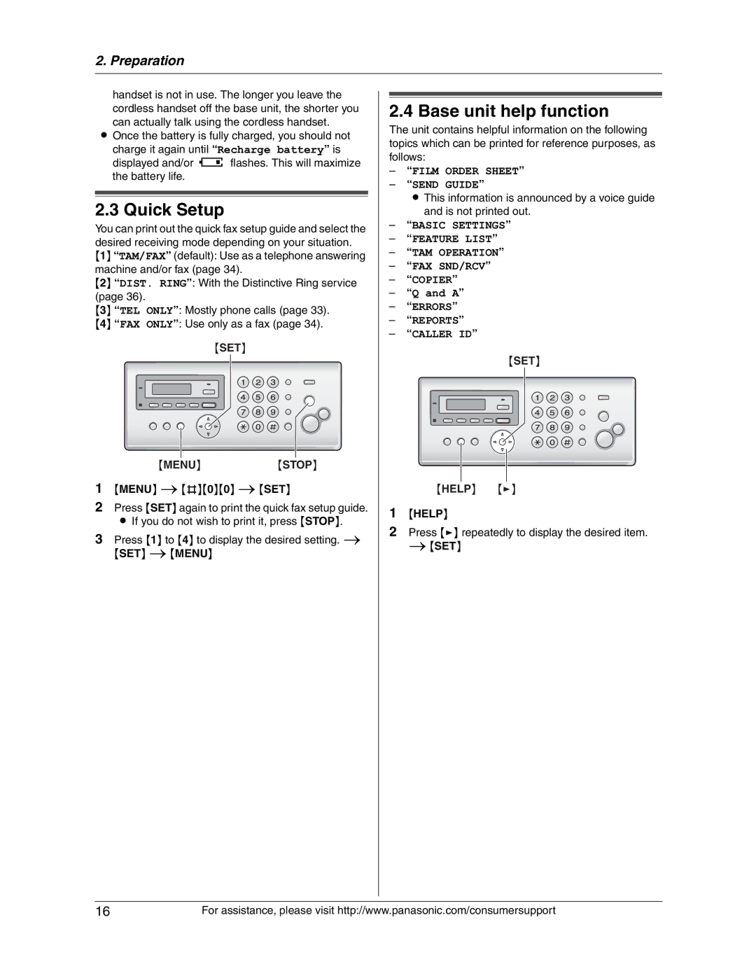 Panasonic KX-FG2451 manual Quick Setup, Base unit help function, SET Menu Stop, Help 