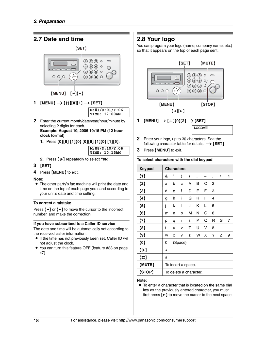 Panasonic KX-FG2451 manual Date and time, Your logo, SET Mute 