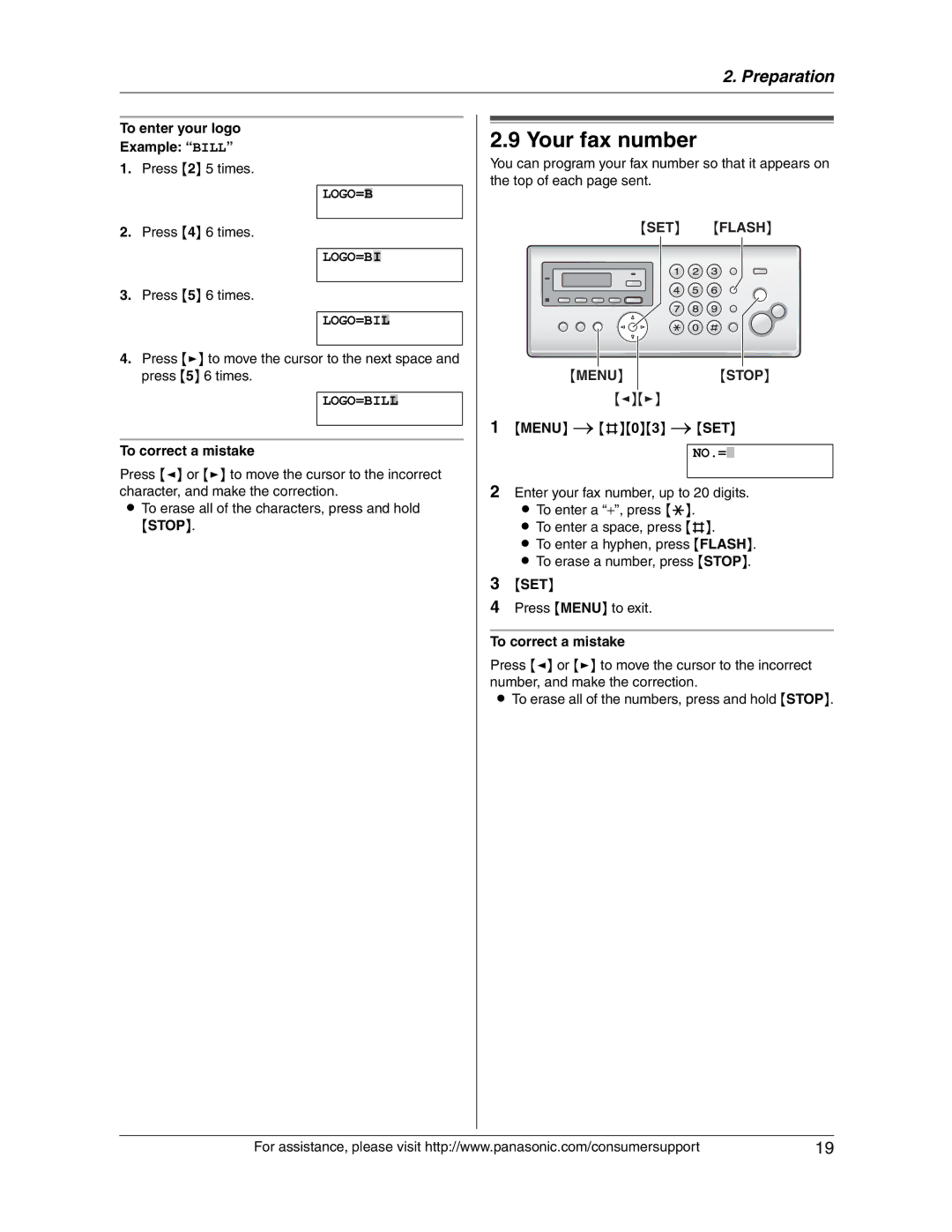 Panasonic KX-FG2451 manual Your fax number, To enter your logo Example Bill, SET Flash 