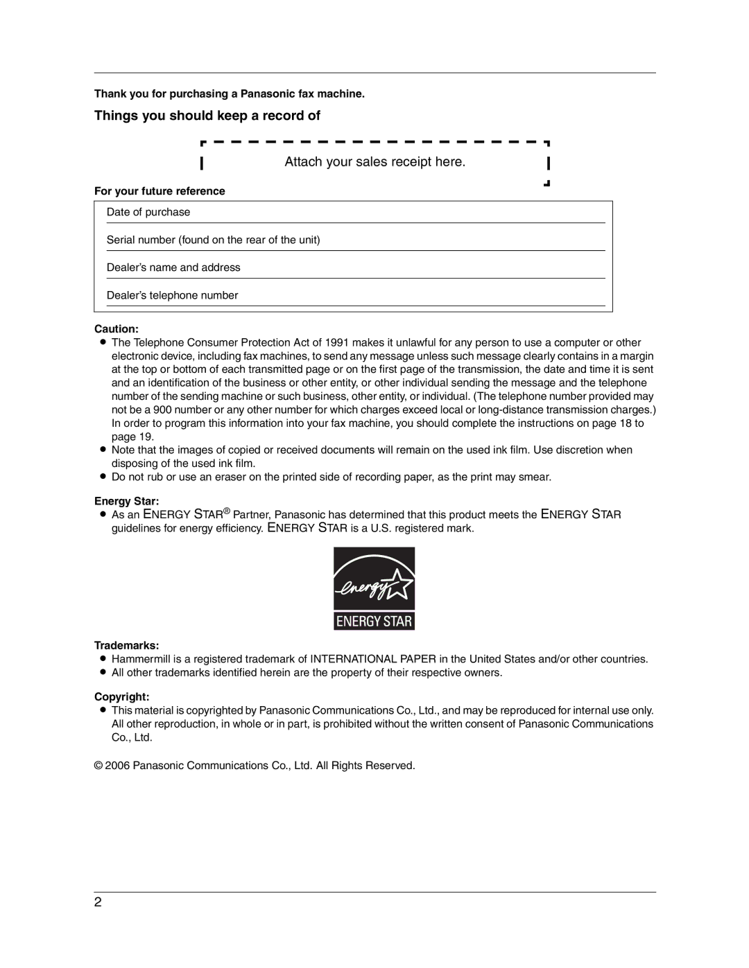 Panasonic KX-FG2451 manual Things you should keep a record 