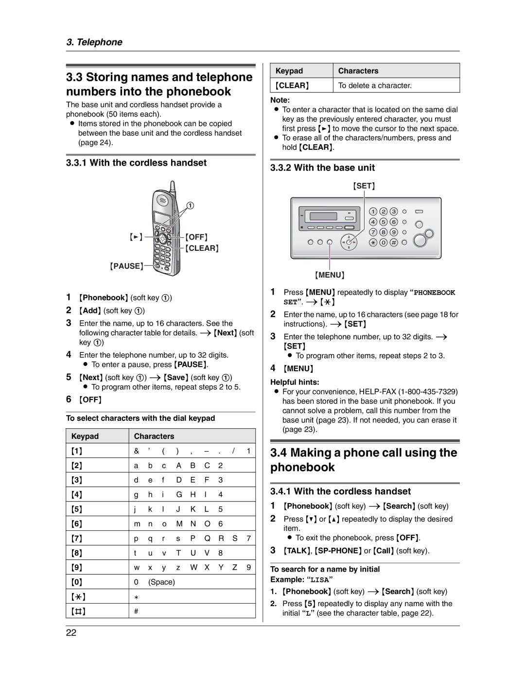 Panasonic KX-FG2451 manual Making a phone call using the phonebook, Clear Pause, SET Menu 