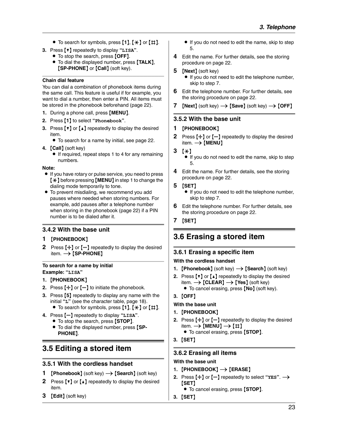 Panasonic KX-FG2451 Editing a stored item, Erasing a stored item, Erasing a specific item, Erasing all items, Phonebook 