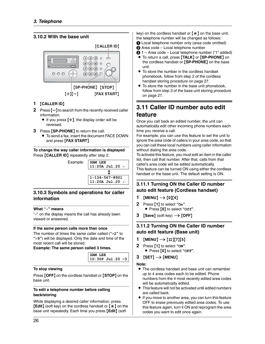 Panasonic KX-FG2451 manual Caller ID number auto edit feature, Symbols and operations for caller information 