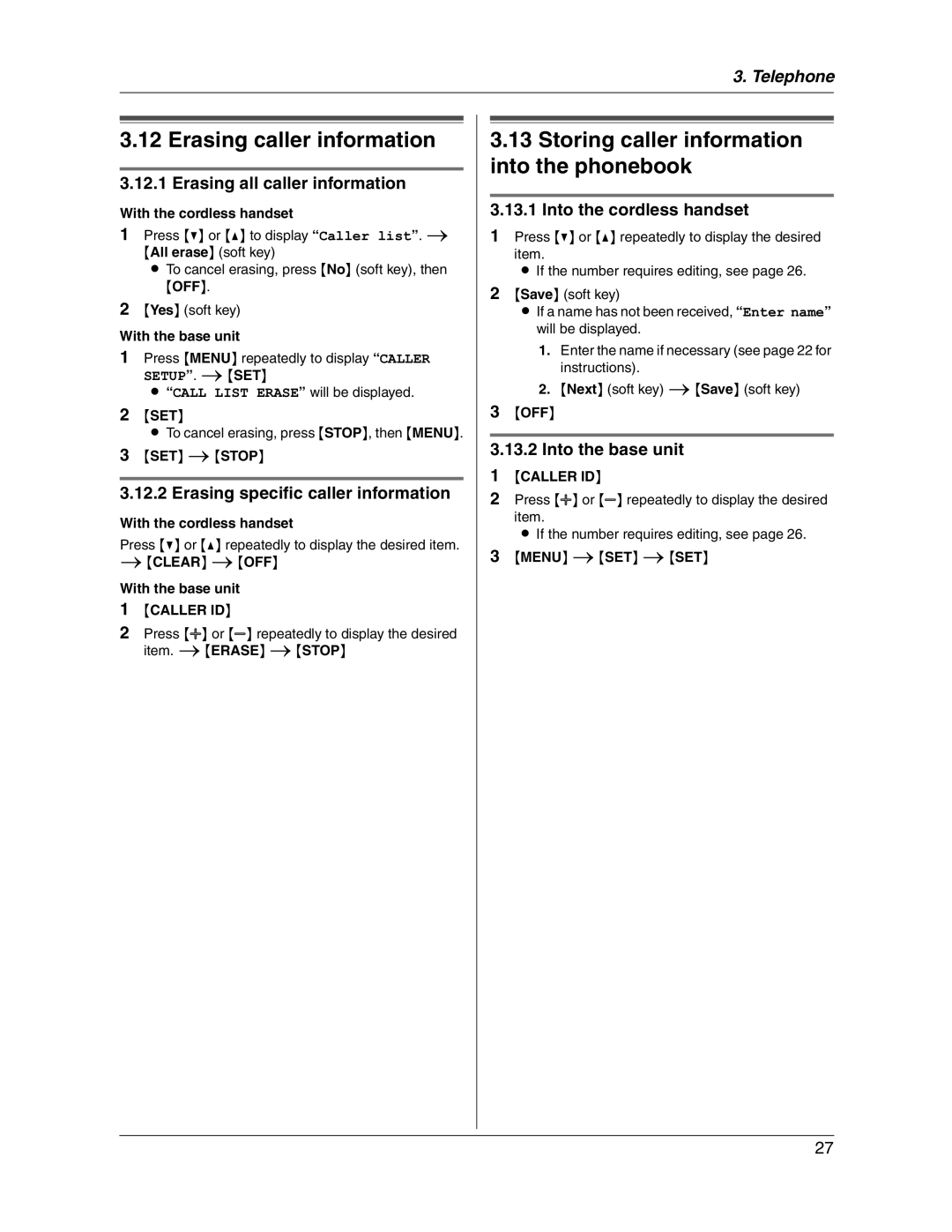 Panasonic KX-FG2451 manual Erasing caller information, Erasing all caller information, Erasing specific caller information 