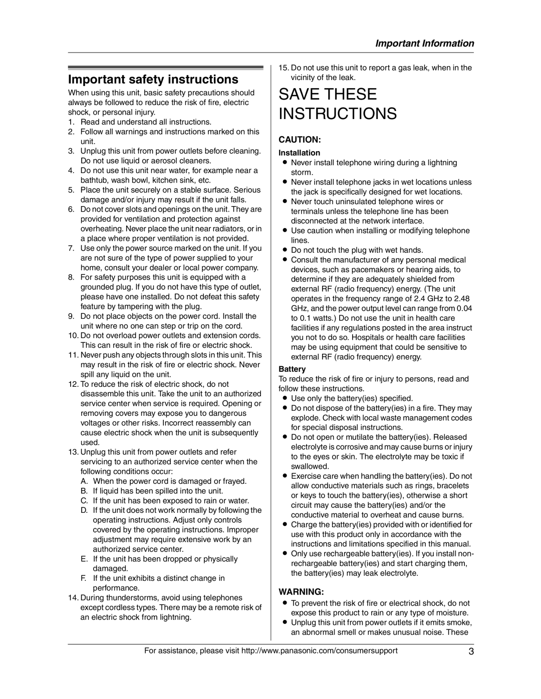 Panasonic KX-FG2451 manual Important safety instructions, Installation, Battery 