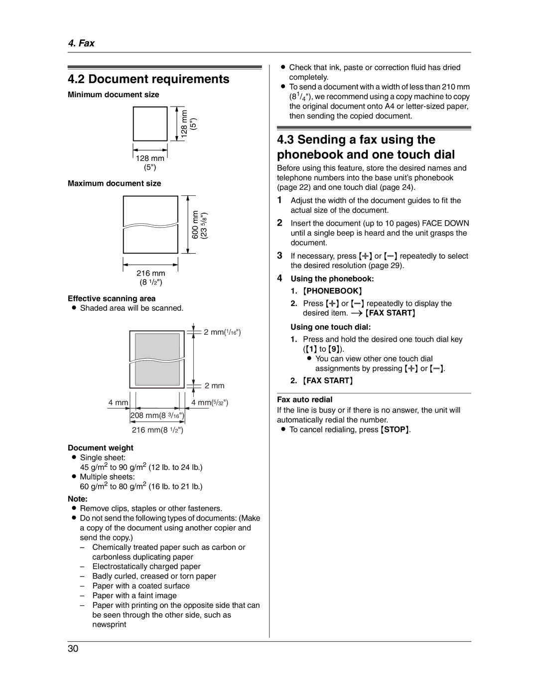 Panasonic KX-FG2451 manual Document requirements, Sending a fax using Phonebook and one touch dial 