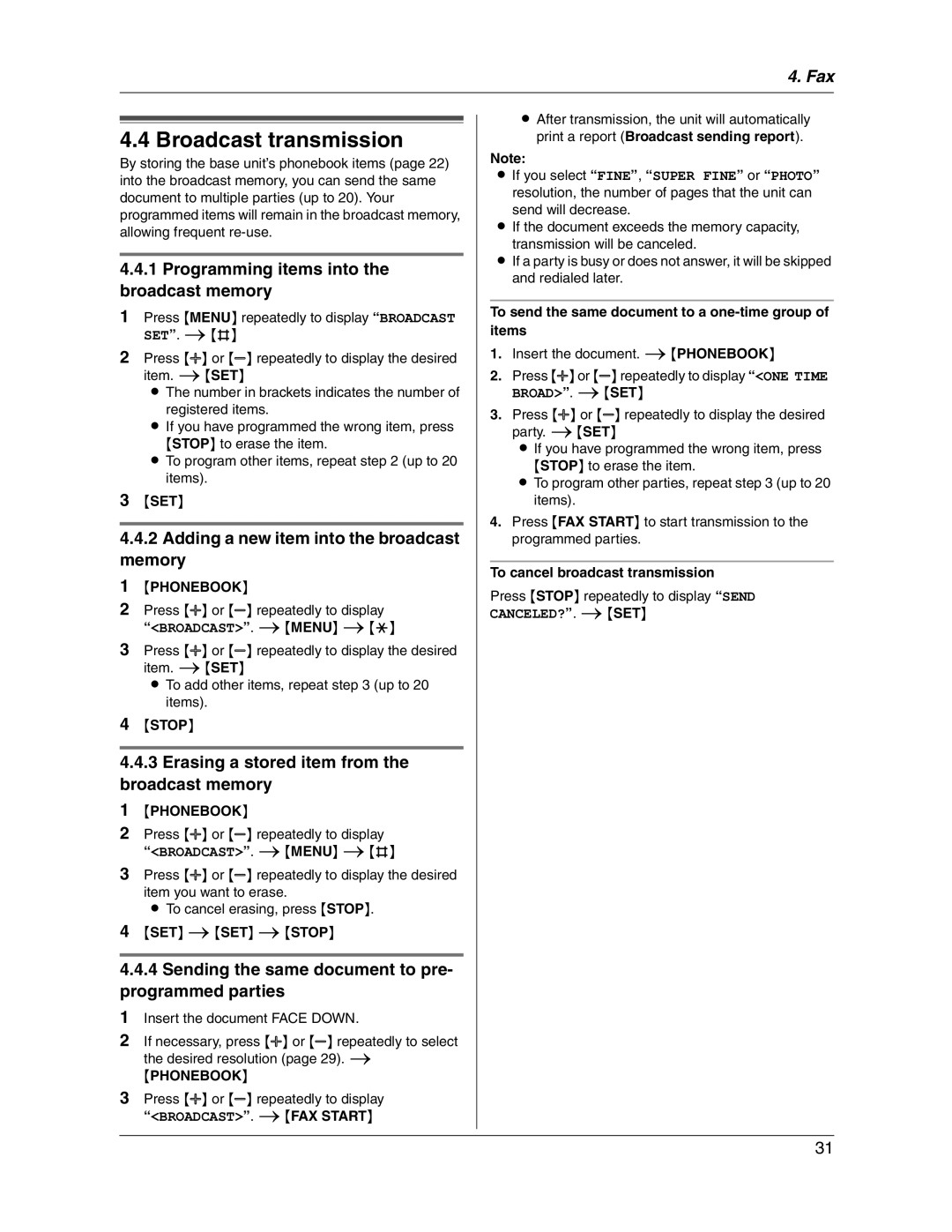 Panasonic KX-FG2451 manual Broadcast transmission, Programming items into the broadcast memory 