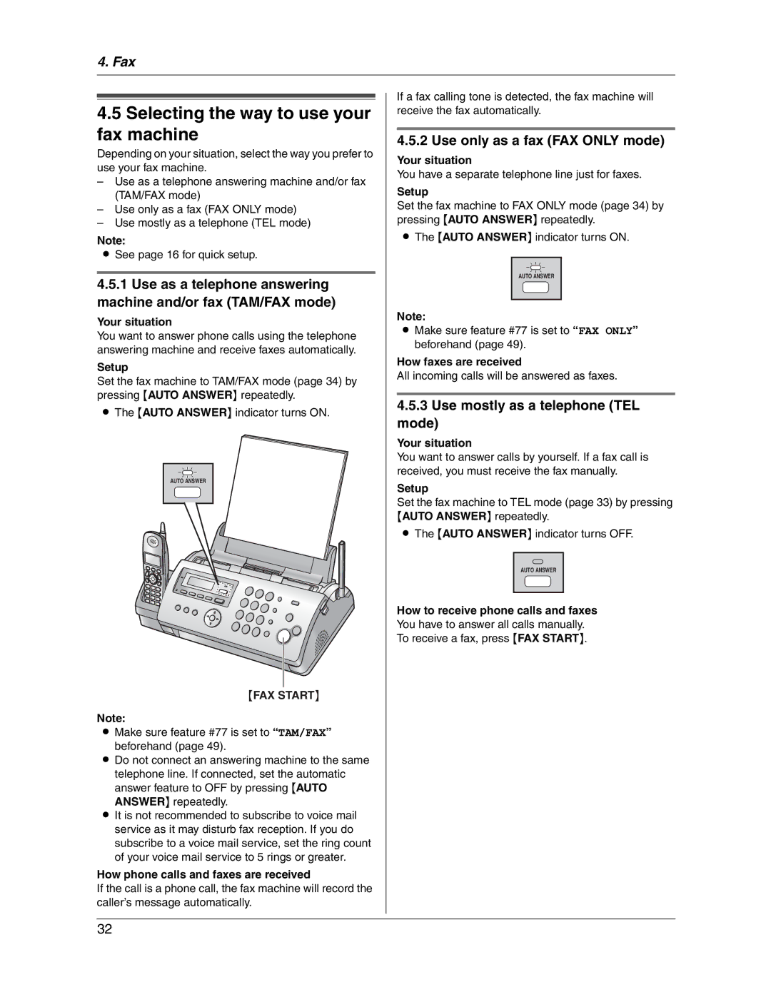 Panasonic KX-FG2451 manual Selecting the way to use your fax machine, Use only as a fax FAX only mode 