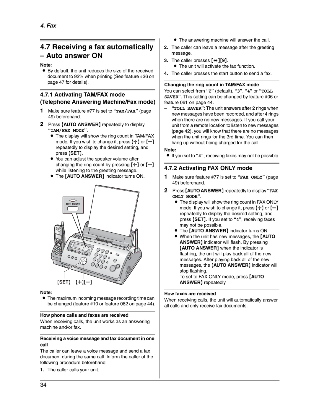 Panasonic KX-FG2451 manual Receiving a fax automatically Auto answer on, Activating FAX only mode 