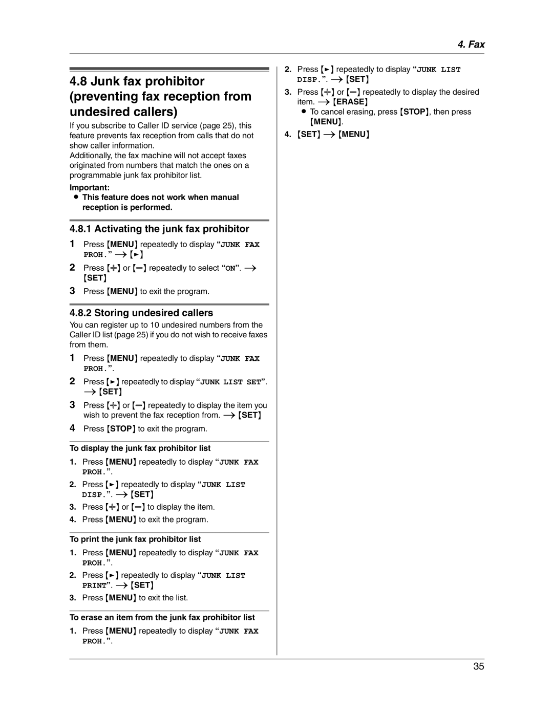 Panasonic KX-FG2451 Activating the junk fax prohibitor, Storing undesired callers, To display the junk fax prohibitor list 