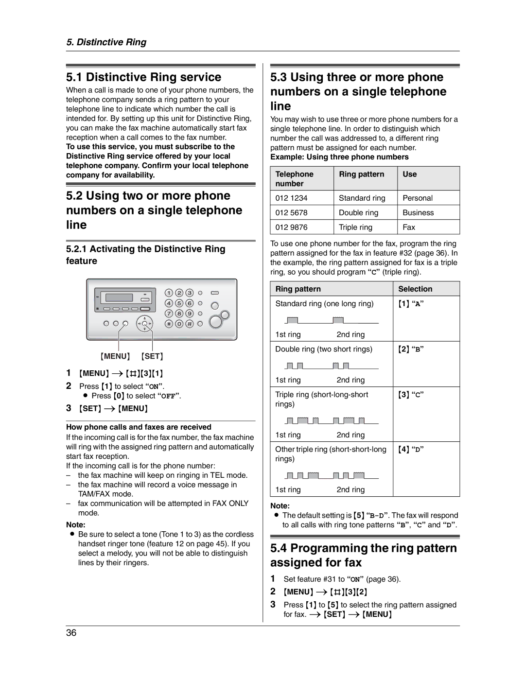 Panasonic KX-FG2451 manual Distinctive Ring service, Using two or more phone numbers on a single telephone line, Menu SET 