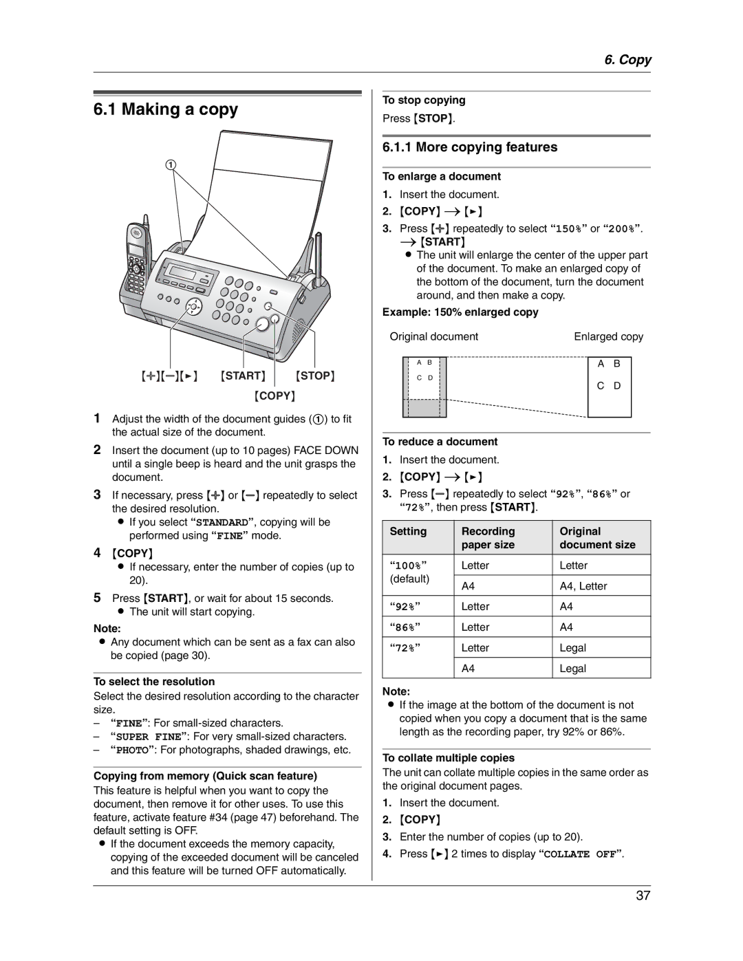 Panasonic KX-FG2451 manual Making a copy, More copying features, Copy 