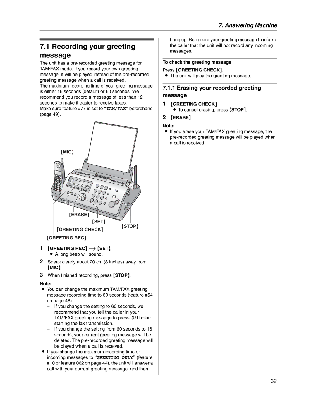 Panasonic KX-FG2451 manual Recording your greeting message, Erasing your recorded greeting message 