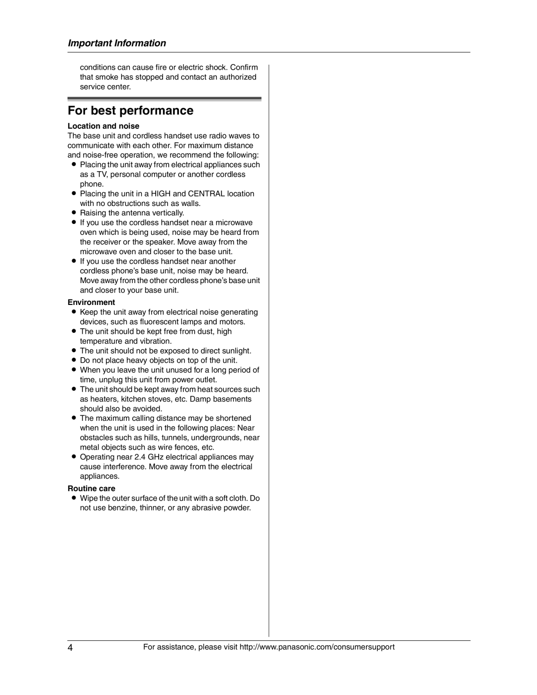 Panasonic KX-FG2451 manual For best performance, Location and noise, Environment, Routine care 