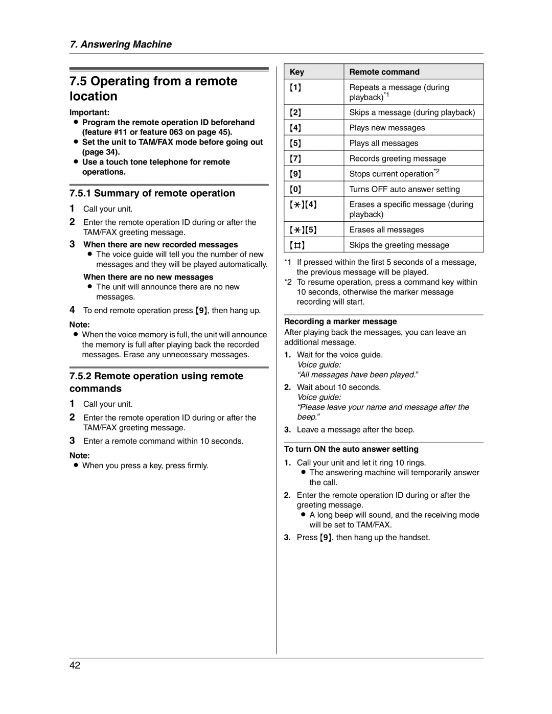 Panasonic KX-FG2451 Operating from a remote location, Summary of remote operation, Remote operation using remote commands 