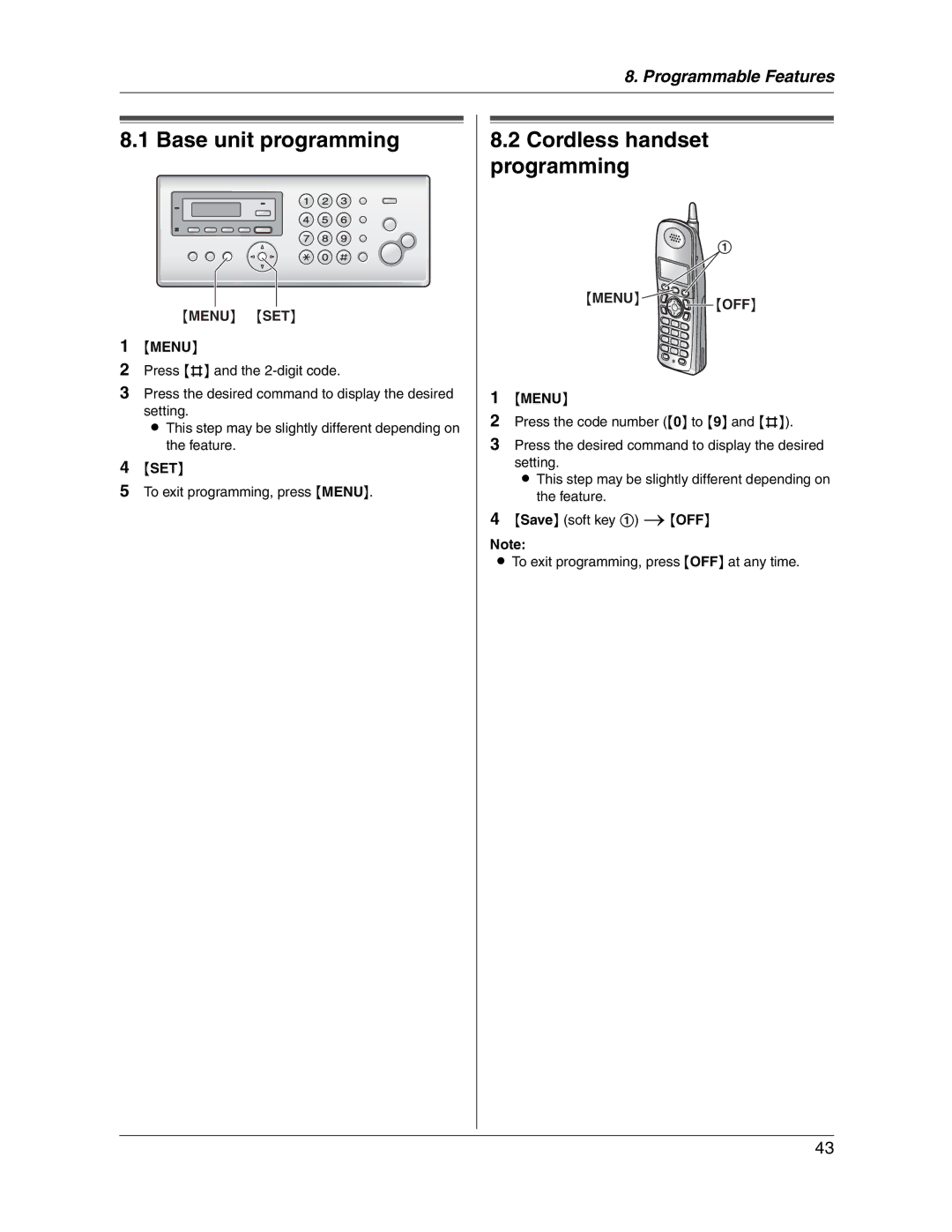 Panasonic KX-FG2451 manual Base unit programming, Cordless handset programming 