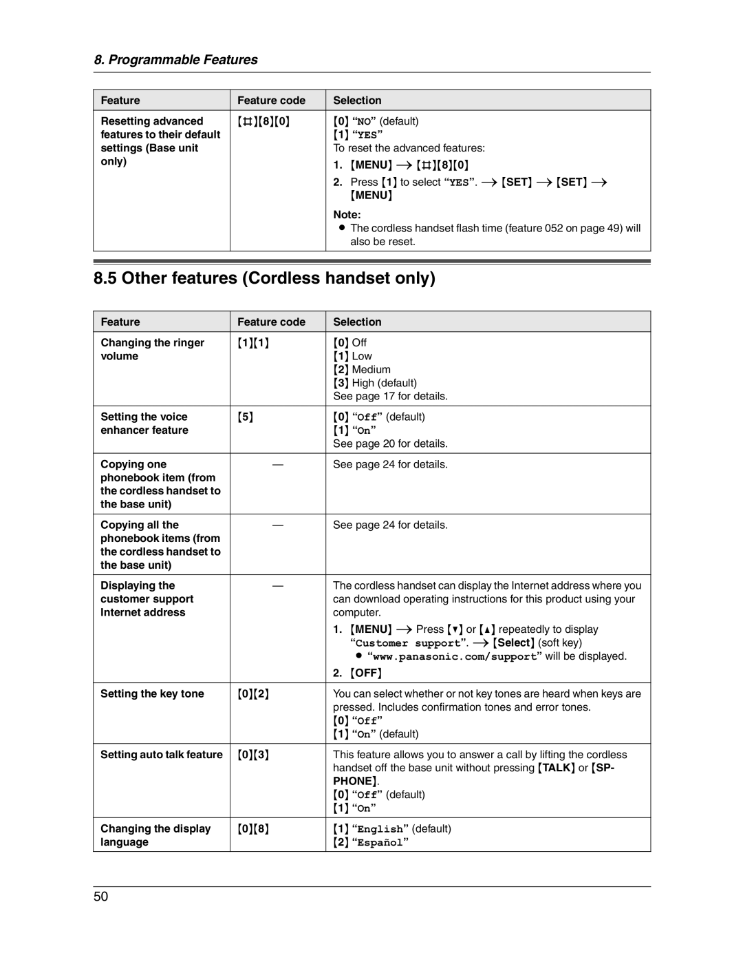 Panasonic KX-FG2451 manual Other features Cordless handset only, Also be reset, Setting the key tone 