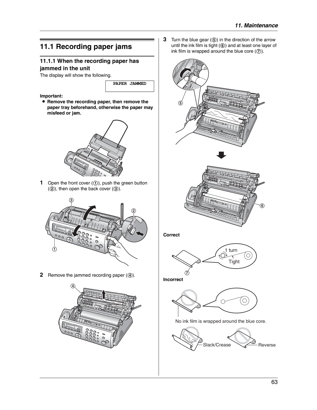 Panasonic KX-FG2451 manual Recording paper jams, When the recording paper has jammed in the unit 