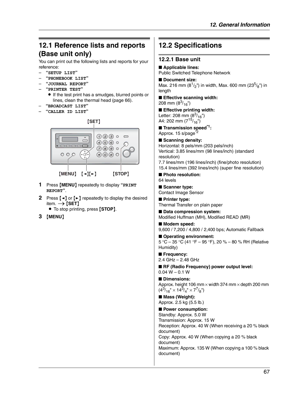 Panasonic KX-FG2451 manual Reference lists and reports Base unit only, Specifications 