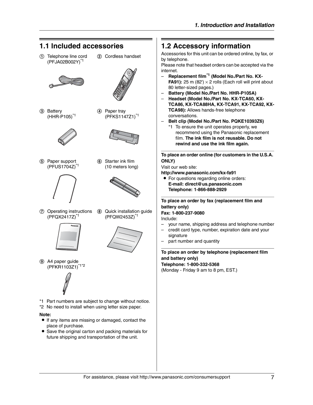 Panasonic KX-FG2451 Included accessories, Accessory information, To place an order online for customers in the U.S.A. only 