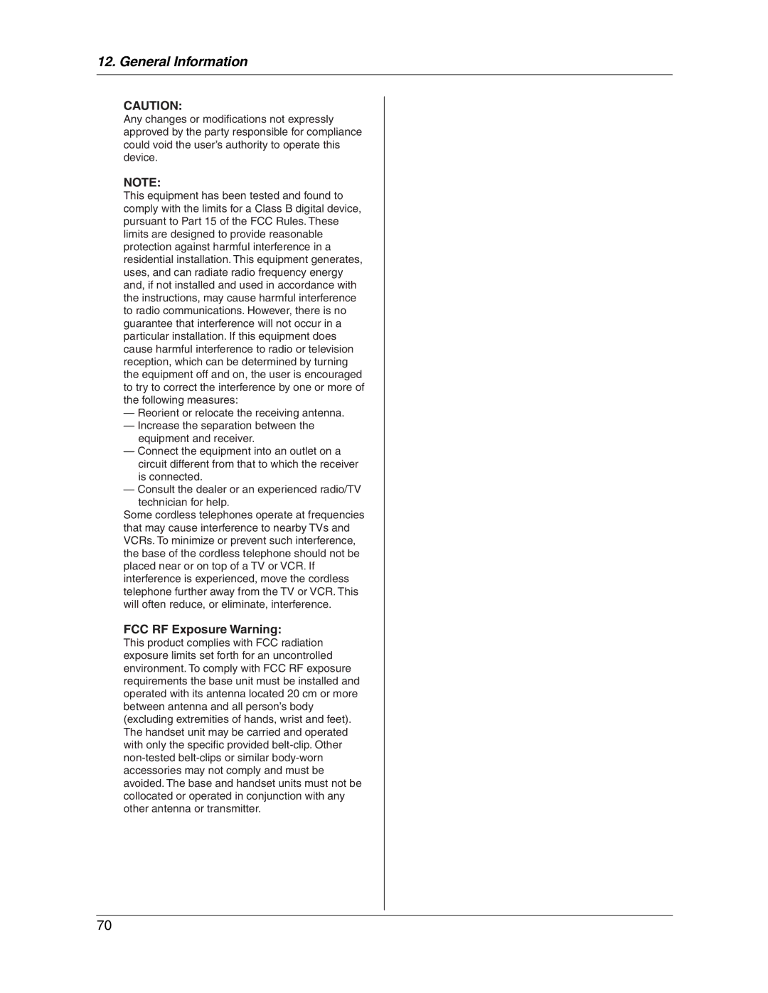 Panasonic KX-FG2451 manual FCC RF Exposure Warning 