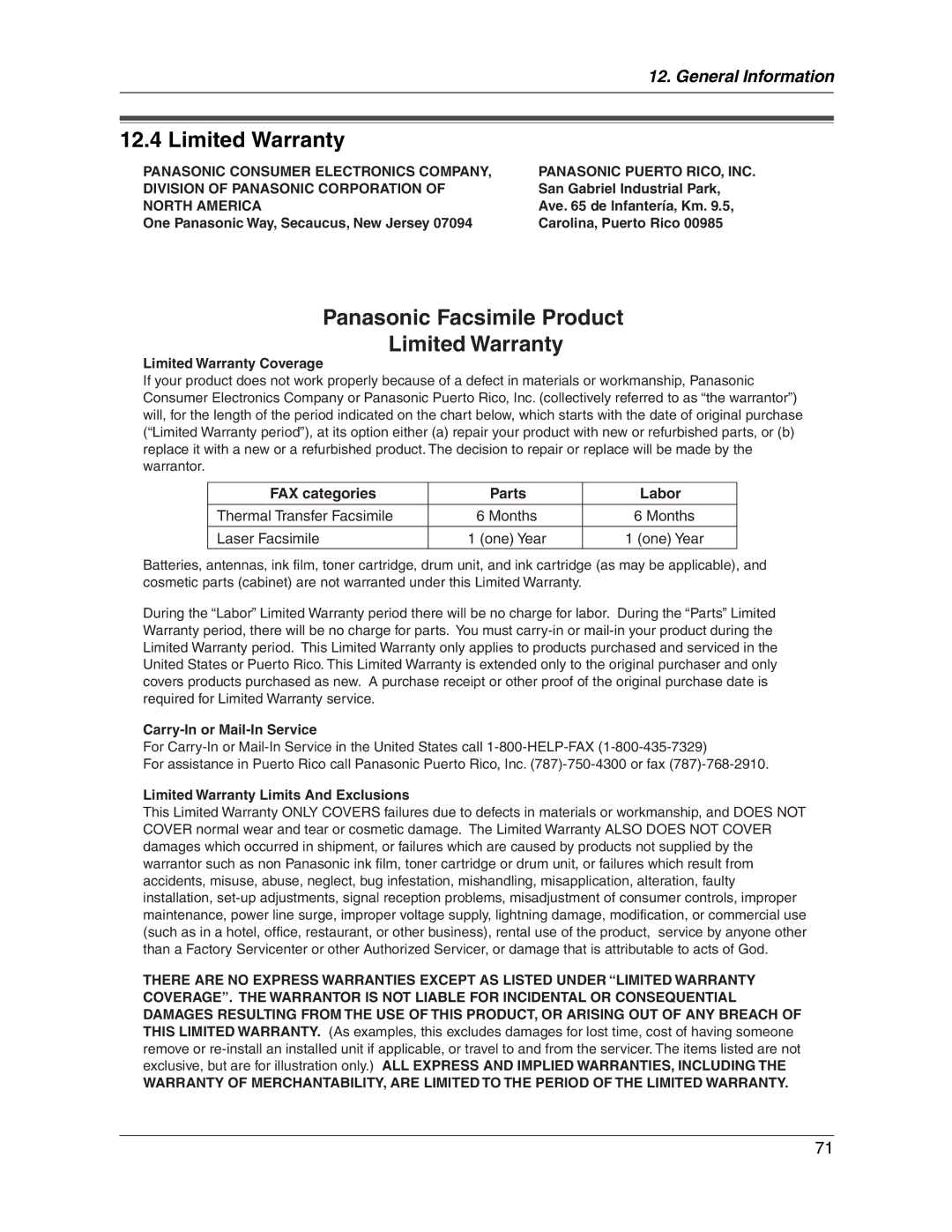 Panasonic KX-FG2451 manual Limited Warranty, North America 