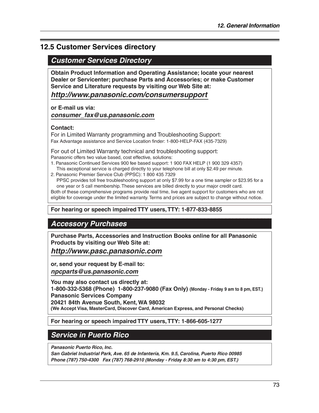 Panasonic KX-FG2451 manual Customer Services directory, Customer Services Directory 