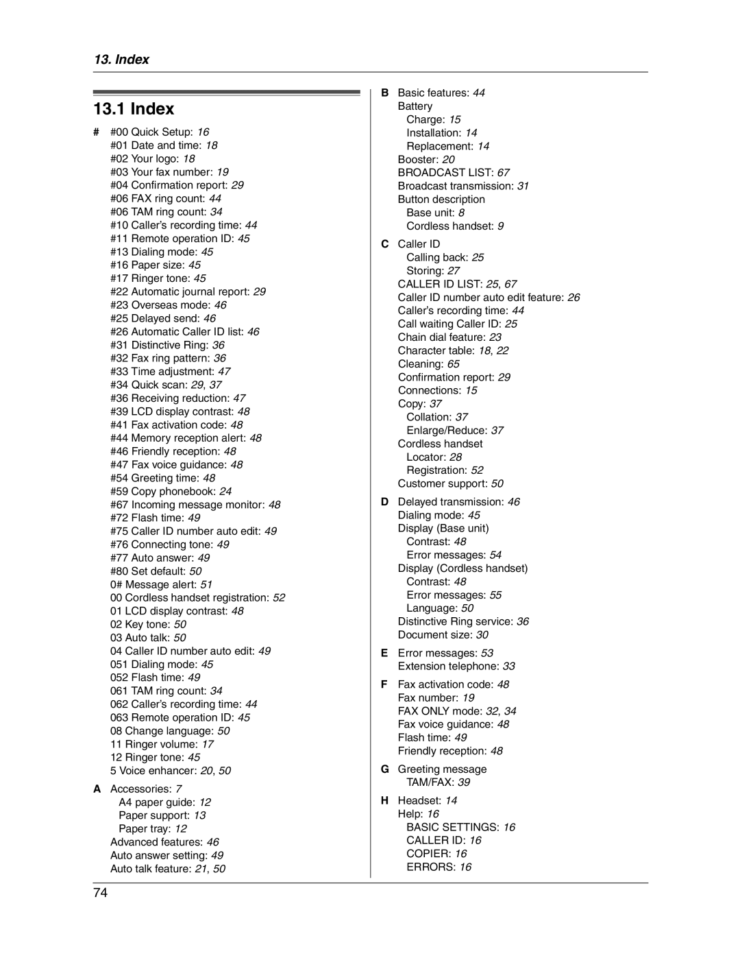 Panasonic KX-FG2451 manual Index, Broadcast List 