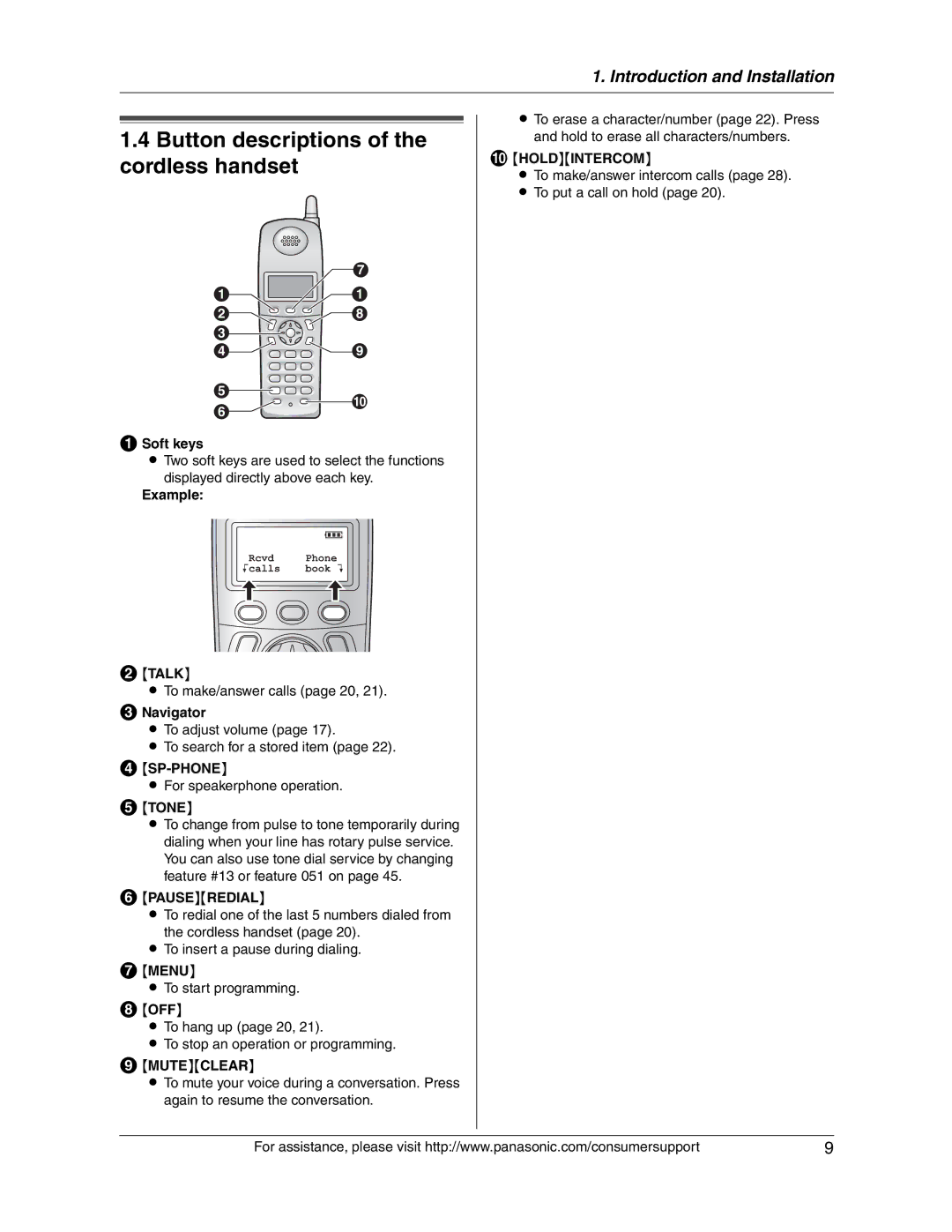 Panasonic KX-FG2451 manual Button descriptions of the cordless handset 