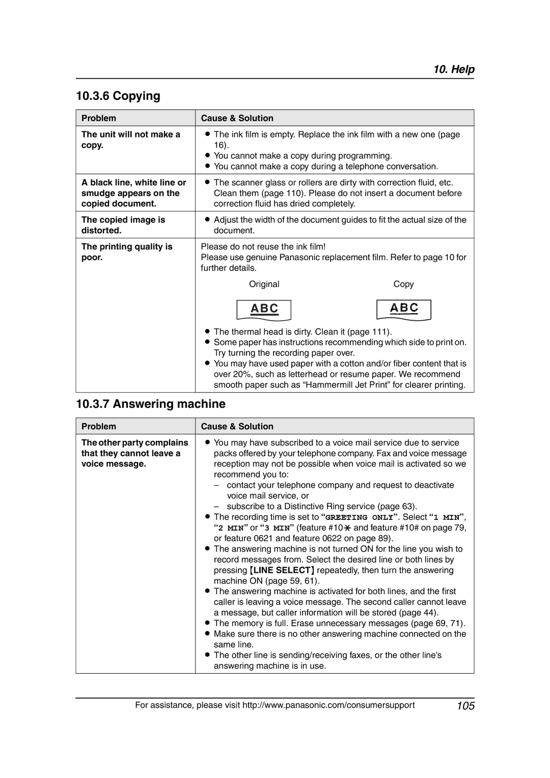 Panasonic KX-FG6550 operating instructions Copying, Answering machine 