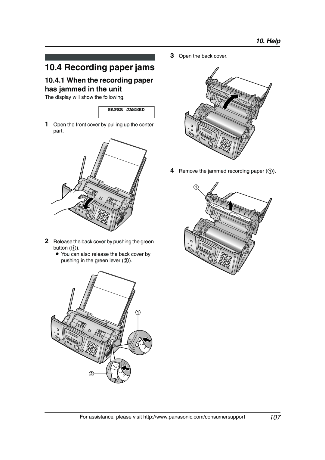 Panasonic KX-FG6550 Recording paper jams, When the recording paper has jammed in the unit, Display will show the following 