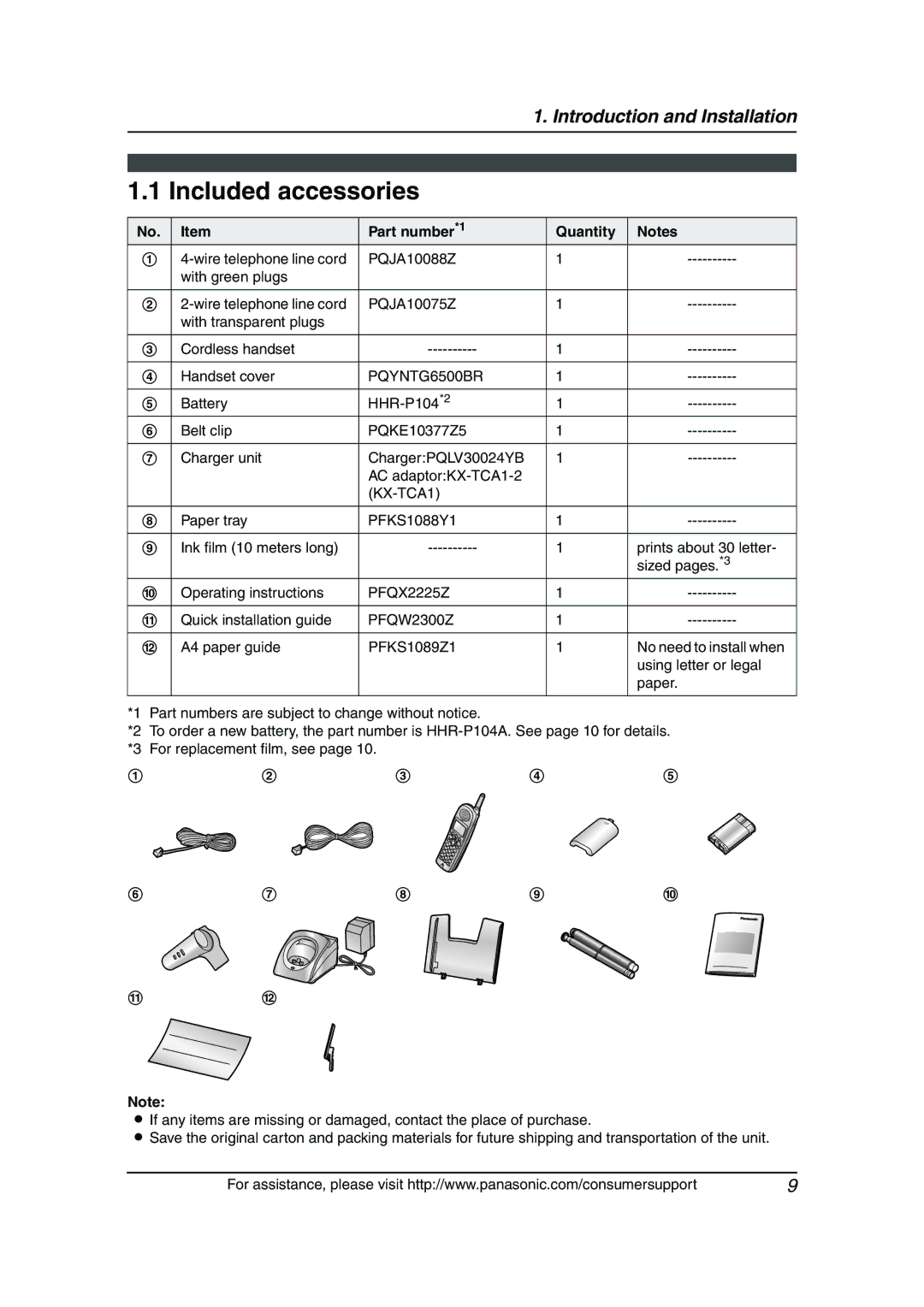 Panasonic KX-FG6550 Included accessories, Part number*1 Quantity, Battery HHR-P104*2 Belt clip PQKE10377Z5 Charger unit 