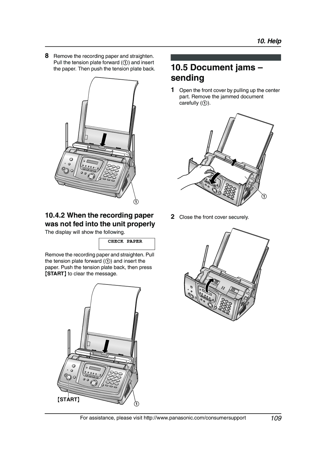 Panasonic KX-FG6550 Document jams sending, When the recording paper was not fed into the unit properly, Start 