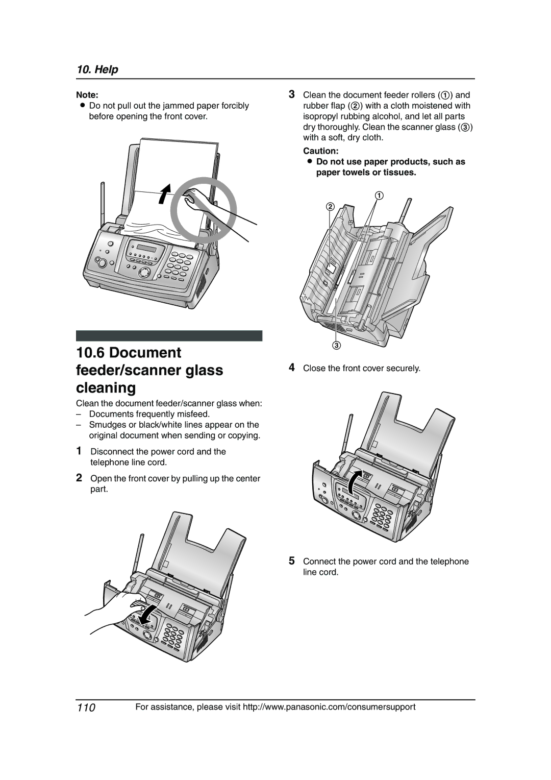 Panasonic KX-FG6550 Document feeder/scanner glass cleaning, Do not use paper products, such as paper towels or tissues 