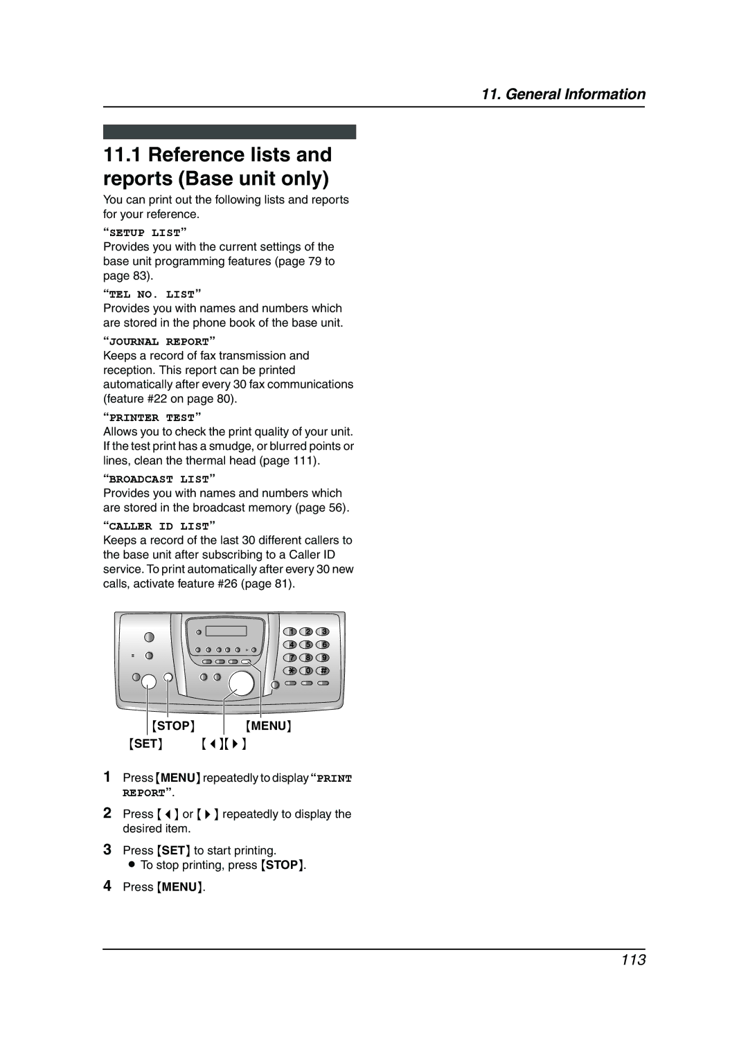 Panasonic KX-FG6550 operating instructions Reference lists and reports Base unit only 