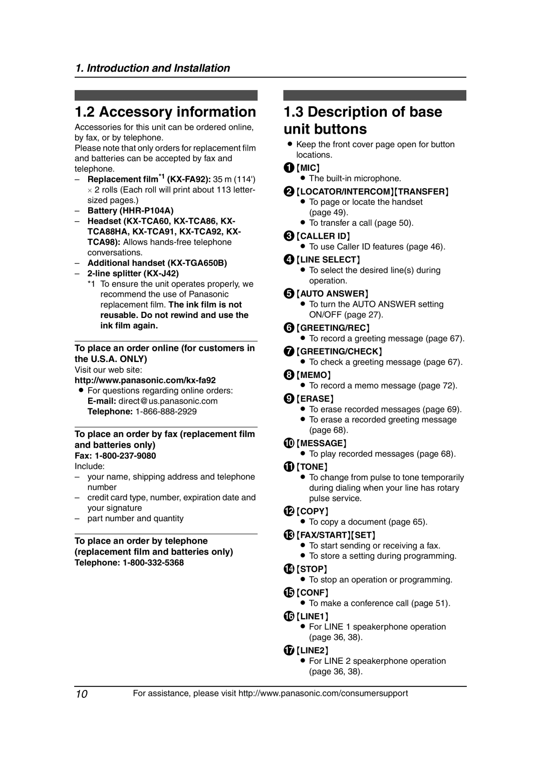 Panasonic KX-FG6550 operating instructions Accessory information, Description of base unit buttons 