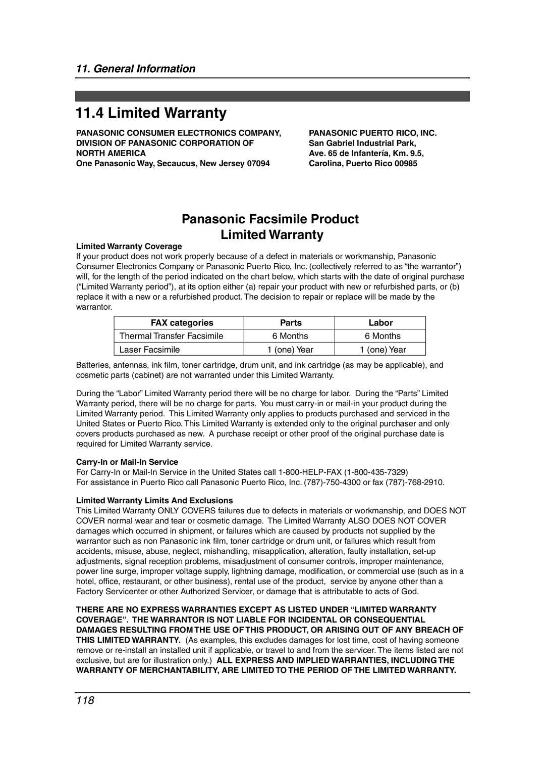 Panasonic KX-FG6550 Limited Warranty, FAX categories Parts Labor, Thermal Transfer Facsimile, Laser Facsimile 